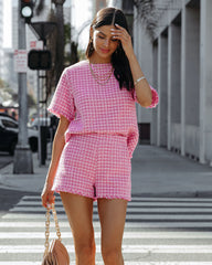 Gracie Frayed Short Sleeve Tweed Blouse - Pink Ins Street