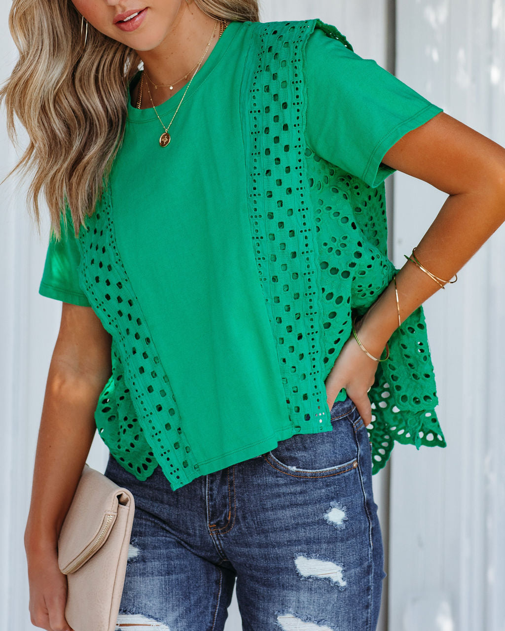 Gwena Cotton Eyelet Tee - Emerald Ins Street