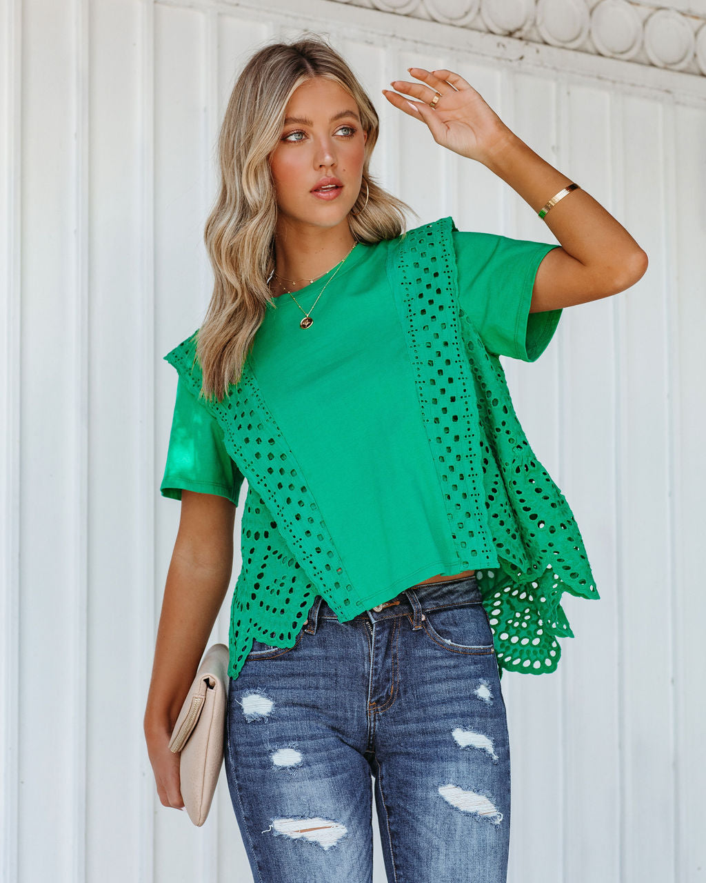 Gwena Cotton Eyelet Tee - Emerald Ins Street