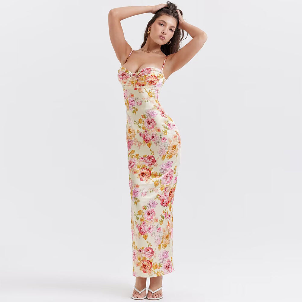 Strappy Sleeveless Floral Maxi Bodycon Dress Ins Street