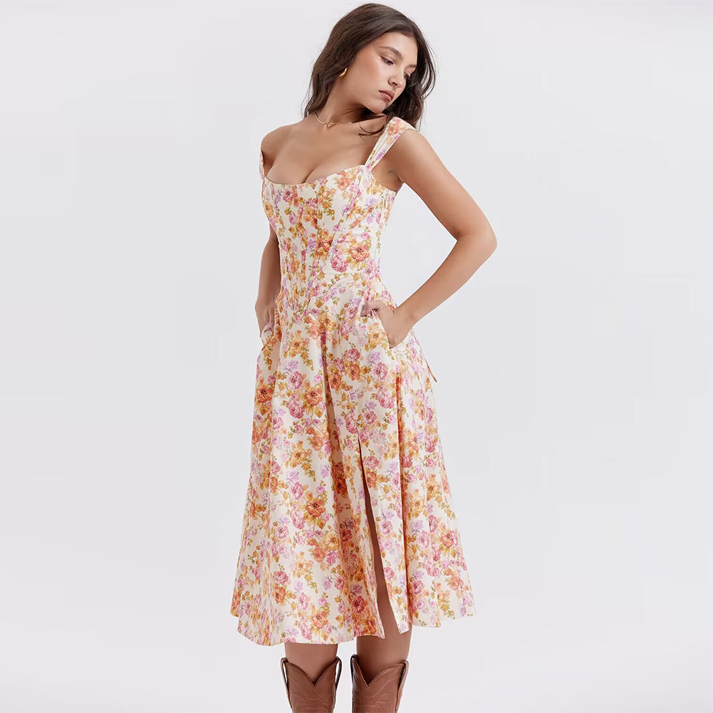 Strappy Sleeveless Floral Midi Bodycon Dress Ins Street