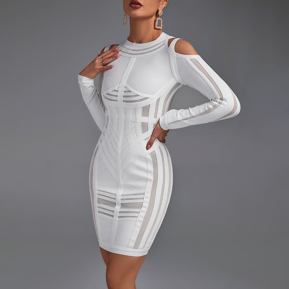 Strappy Long Sleeve Sidestripe Over Knee Bandage Dress Ins Street