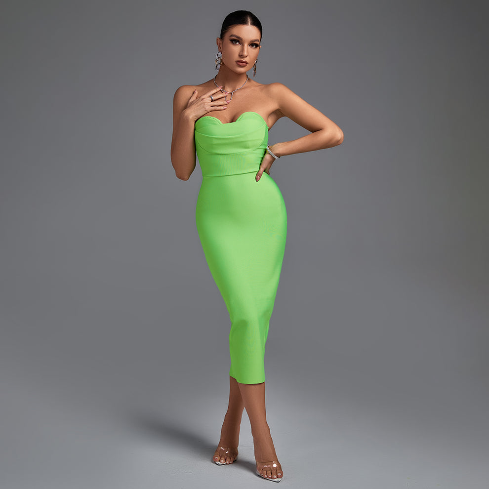 Strapless Sleeveless Plain Midi Bandage Dress Ins Street