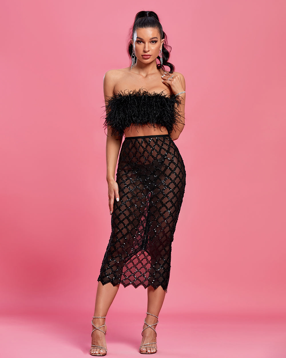 Feather Crop Top & Sequin-Embellished Tulle Skirt Set Ins Street