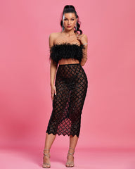 Feather Crop Top & Sequin-Embellished Tulle Skirt Set Ins Street