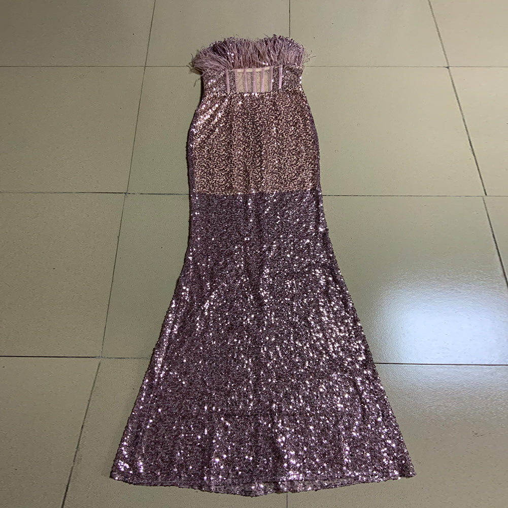 Strapless Sleeveless Sequined Maxi Bodycon Dress Ins Street