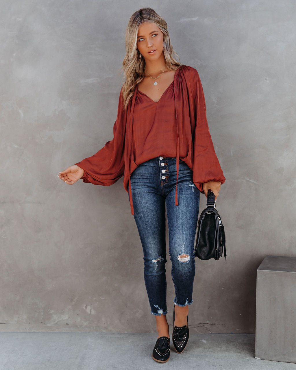 Harrow Satin Split Neck Blouse - Burgundy - FINAL SALE Ins Street