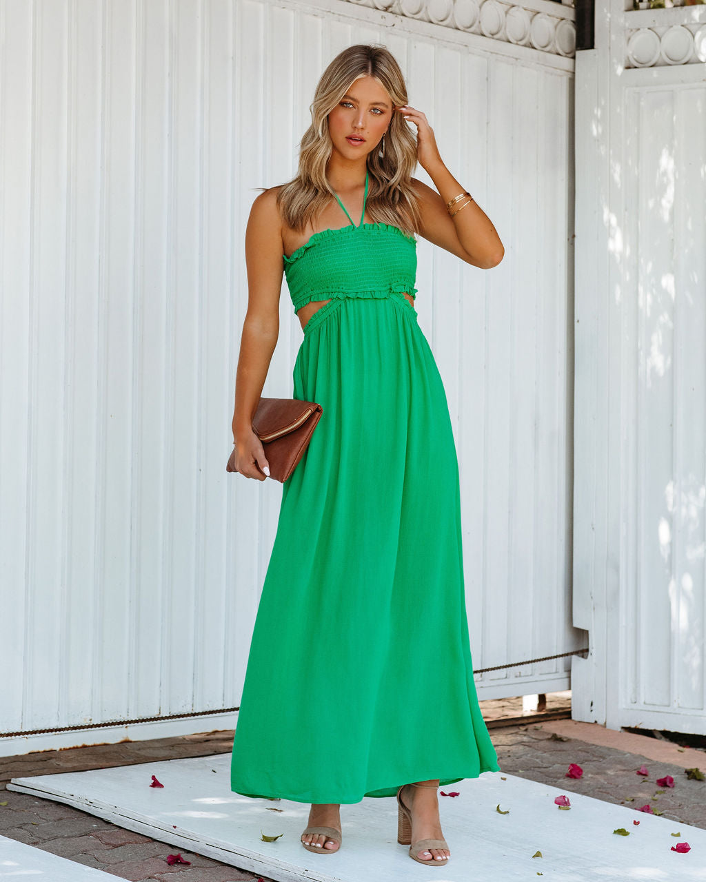 Hit The Beach Smocked Halter Maxi Dress - Kelly Green Ins Street