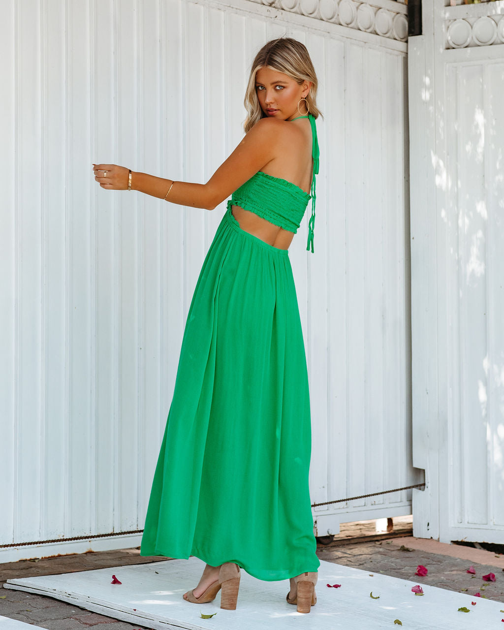 Hit The Beach Smocked Halter Maxi Dress - Kelly Green Ins Street