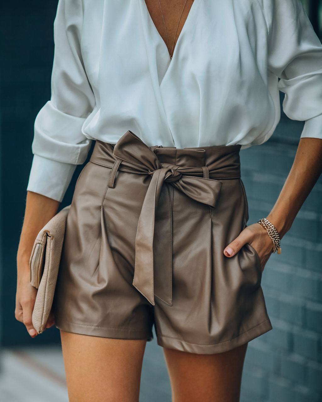 Night Fever Pocketed High Rise Faux Leather Shorts - Mocha Ins Street