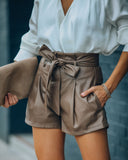 Night Fever Pocketed High Rise Faux Leather Shorts - Mocha Ins Street