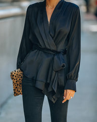 Motivation Satin Drape Wrap Blouse - Black Ins Street