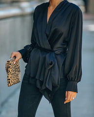 Motivation Satin Drape Wrap Blouse - Black Ins Street