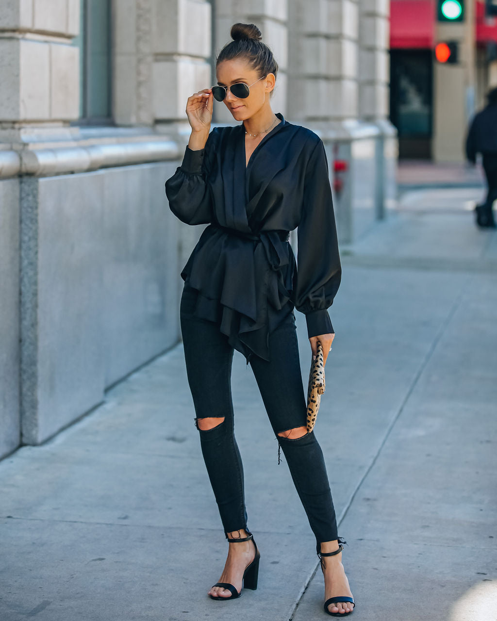 Motivation Satin Drape Wrap Blouse - Black Ins Street