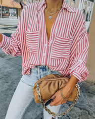 Aldan Striped Button Down Top - Red FORE-001