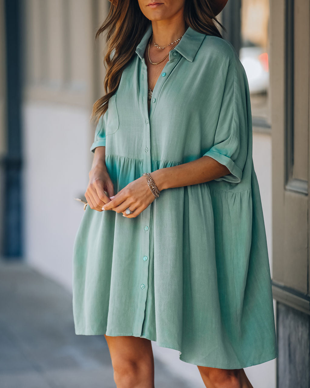 Hails Linen Blend Button Down Shirt Dress - Sage Ins Street