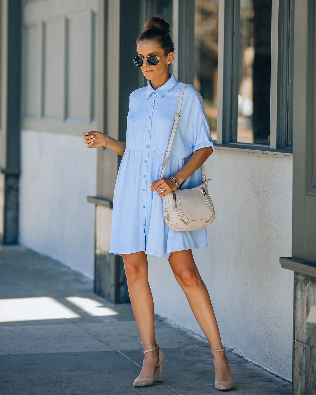 Hails Linen Blend Button Down Shirt Dress - Baby Blue Ins Street