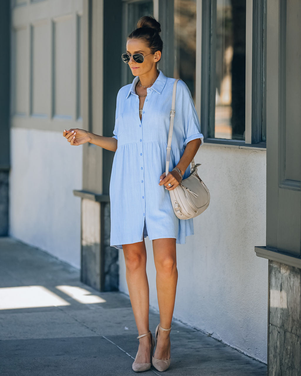 Hails Linen Blend Button Down Shirt Dress - Baby Blue Ins Street