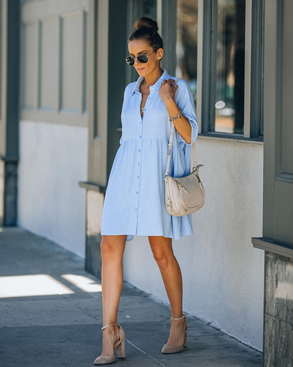 Hails Linen Blend Button Down Shirt Dress - Baby Blue Ins Street