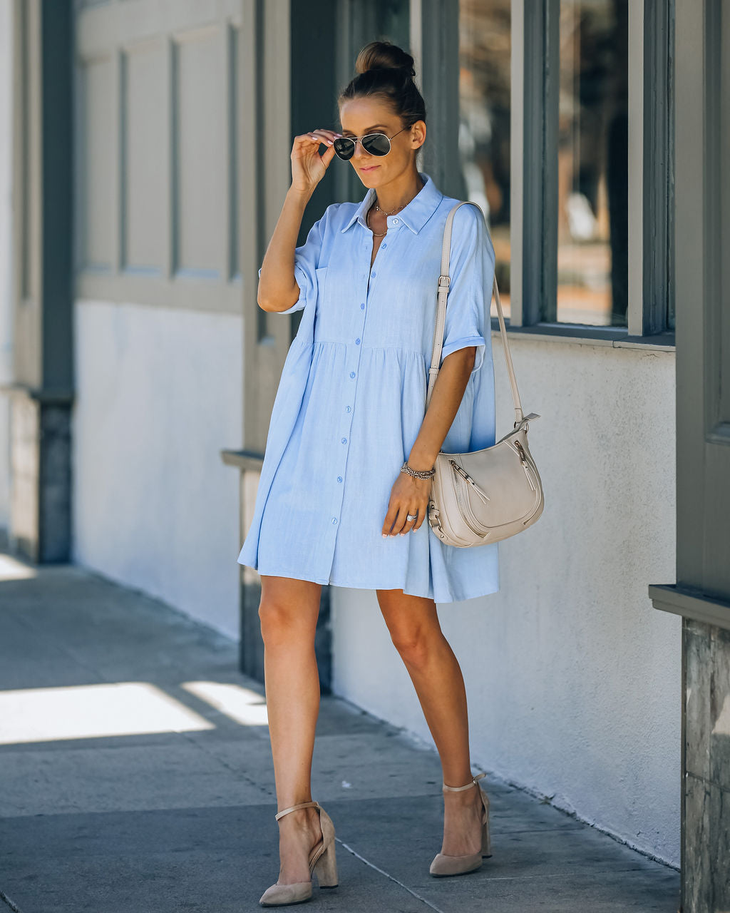 Hails Linen Blend Button Down Shirt Dress - Baby Blue Ins Street