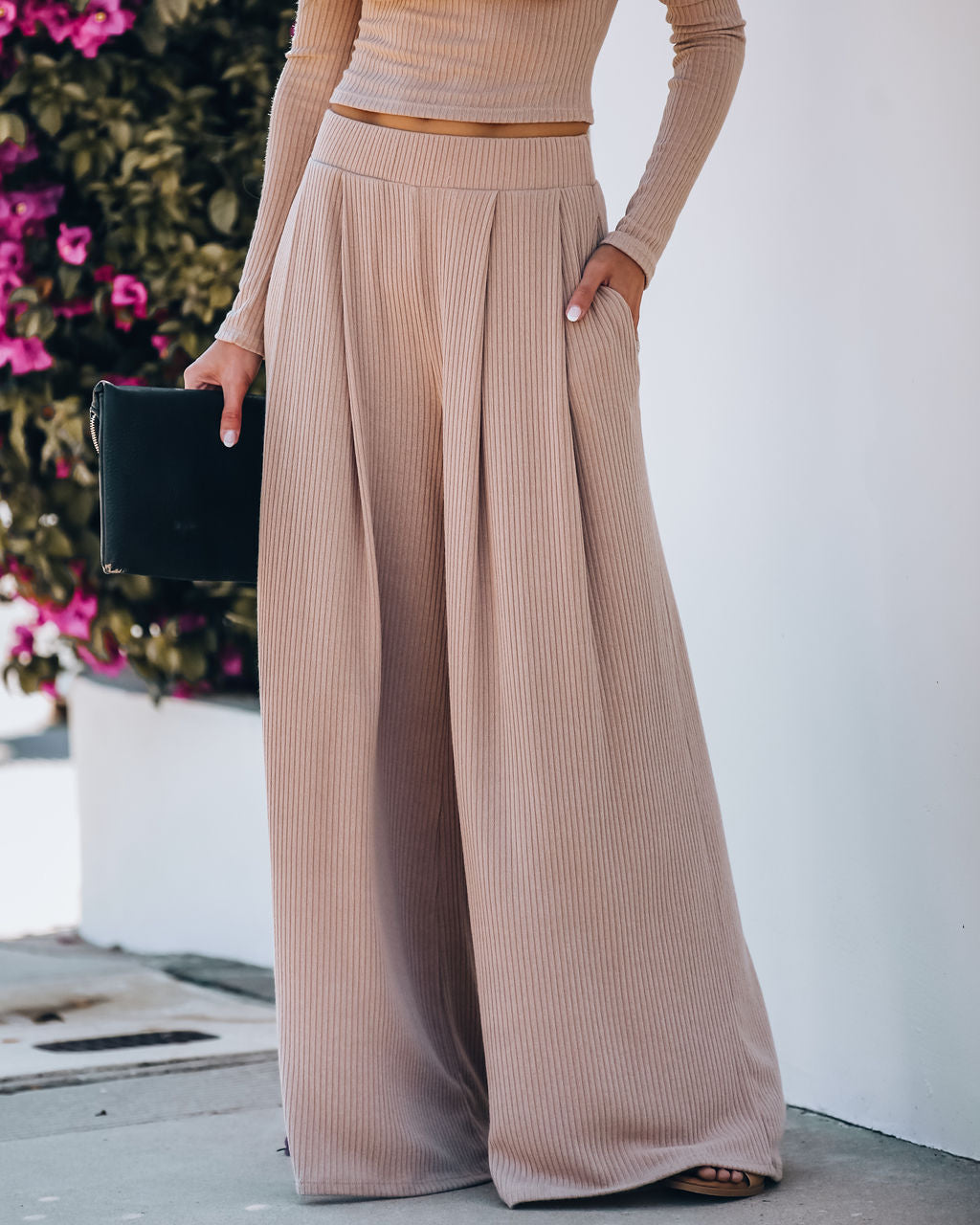 Hermosa Pocketed Ribbed Wide Leg Pants - Mocha Ins Street