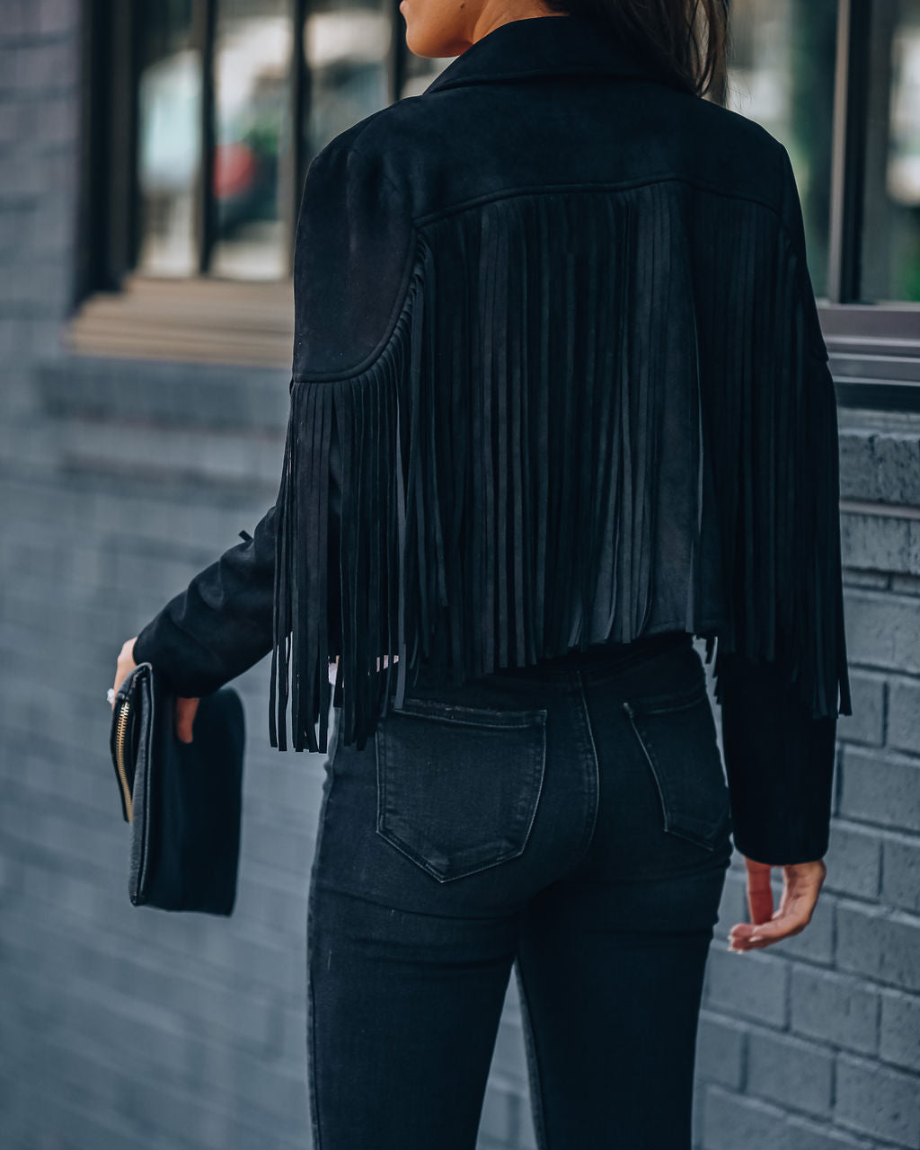 Walford Cropped Fringe Faux Suede Jacket - Black Ins Street