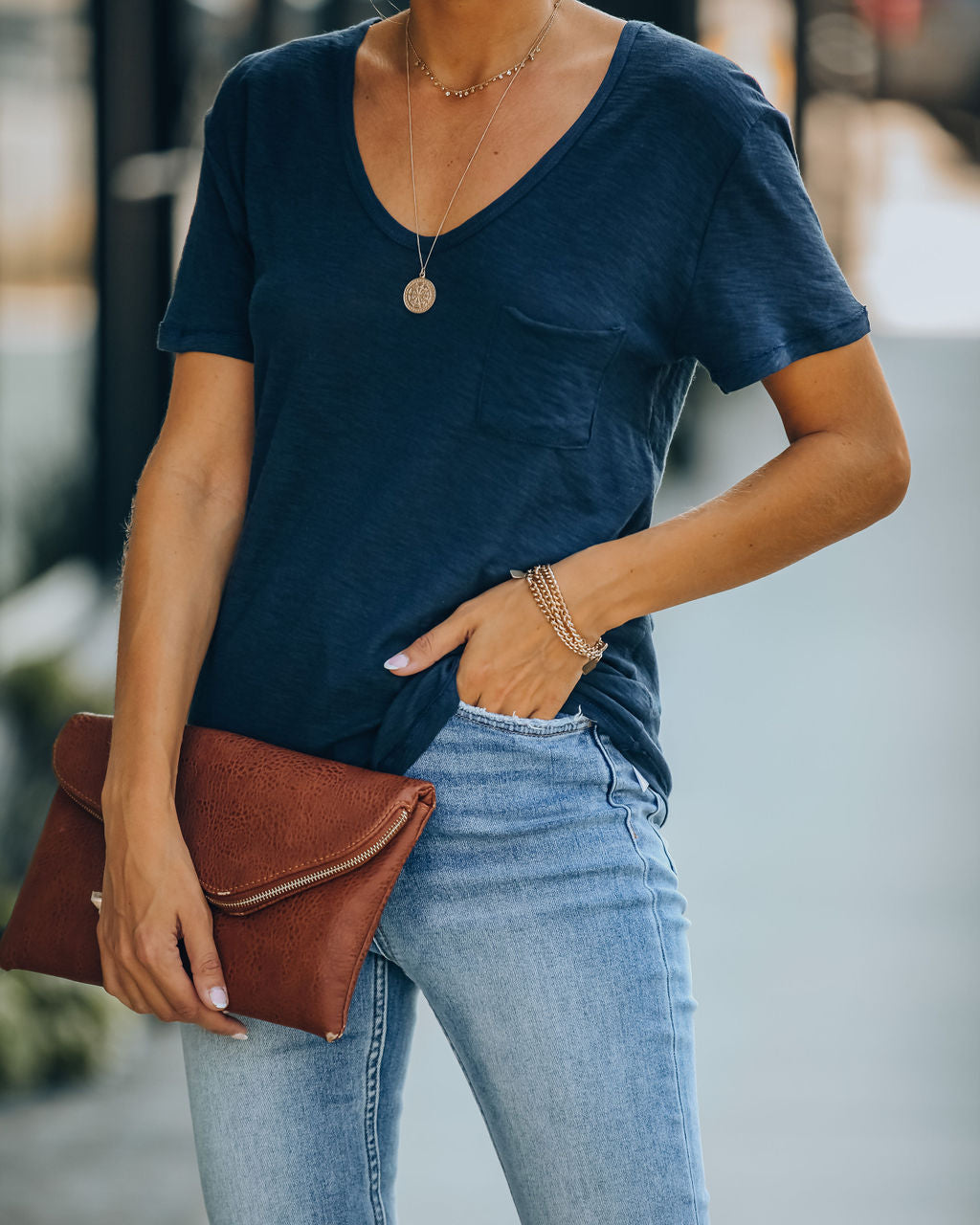 Kinsley V-Neck Pocket Tee - Uniform Blue Ins Street