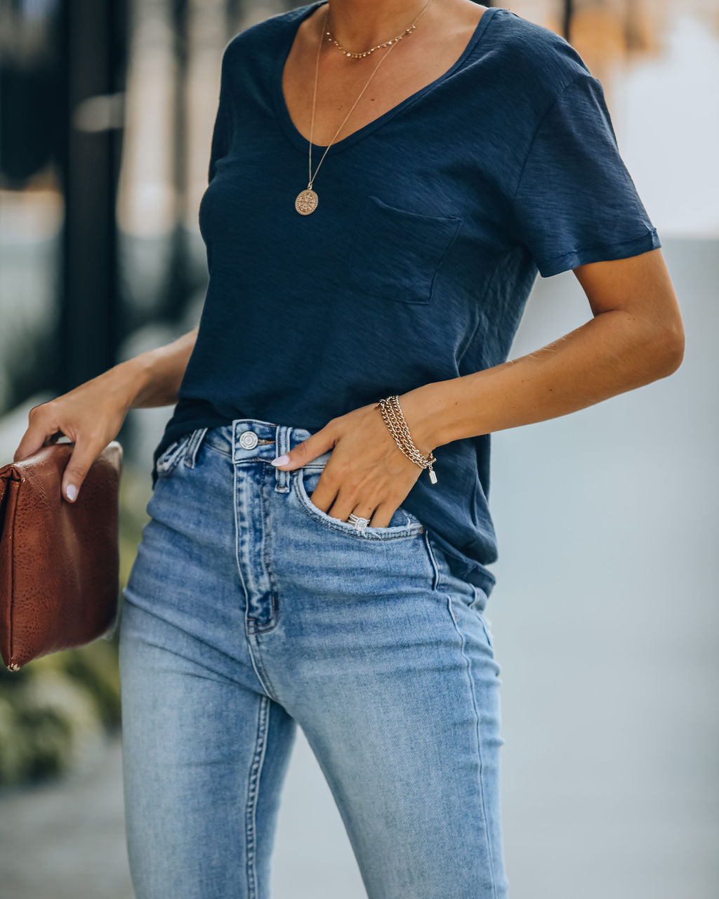 Kinsley V-Neck Pocket Tee - Uniform Blue Ins Street