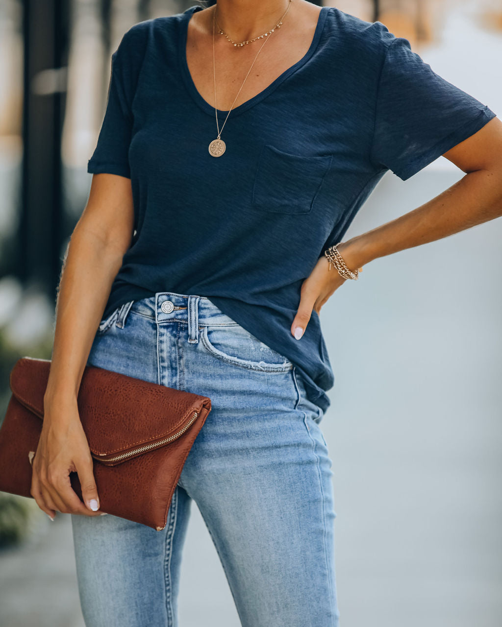 Kinsley V-Neck Pocket Tee - Uniform Blue Ins Street