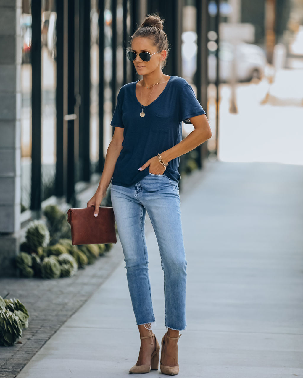 Kinsley V-Neck Pocket Tee - Uniform Blue Ins Street