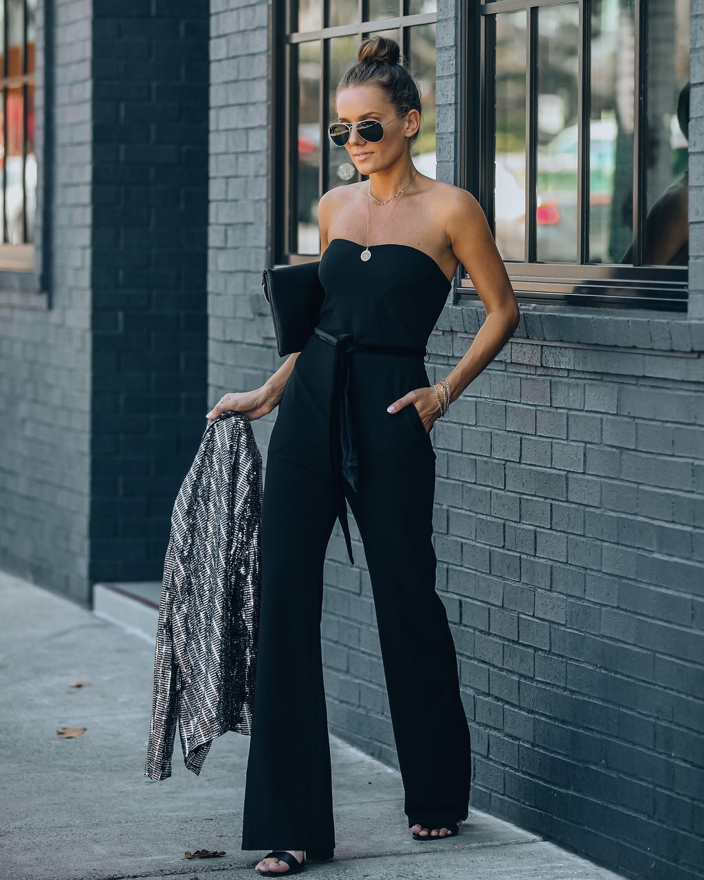 Exclusives Only Strapless Pocketed Velvet Tie Jumpsuit Ins Street