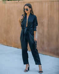 Silvie Pocketed Satin Tie Front Jumpsuit Ins Street