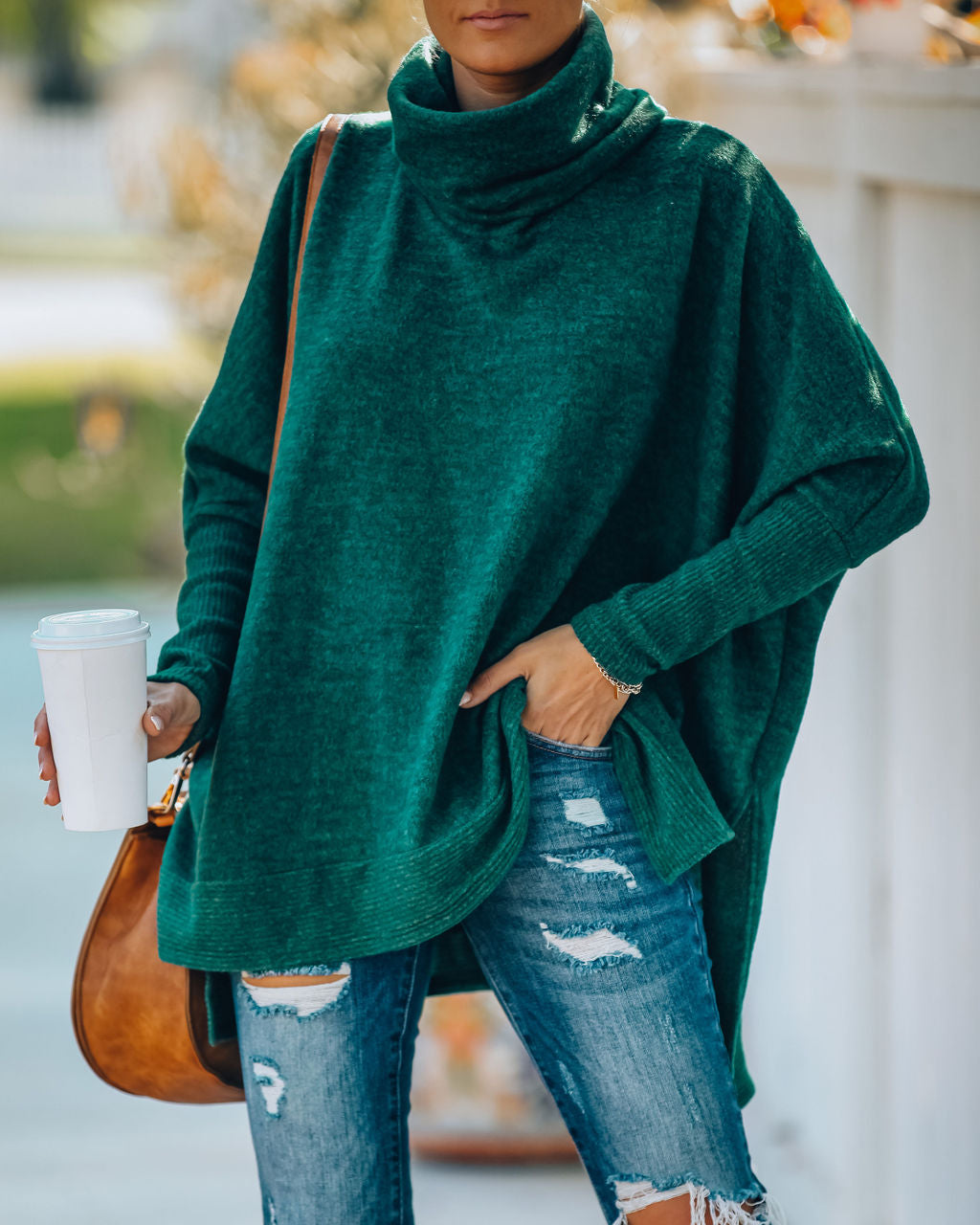 Silent Snowfall Cowl Neck Sweater - Hunter Green Ins Street