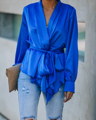 Motivation Satin Drape Wrap Blouse - Cobalt Blue Ins Street