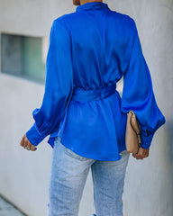 Motivation Satin Drape Wrap Blouse - Cobalt Blue Ins Street