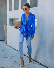 Motivation Satin Drape Wrap Blouse - Cobalt Blue Ins Street