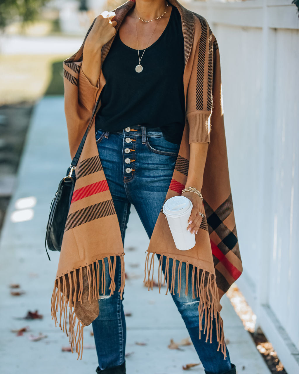 Maybrook Plaid Fringe Knit Poncho Ins Street