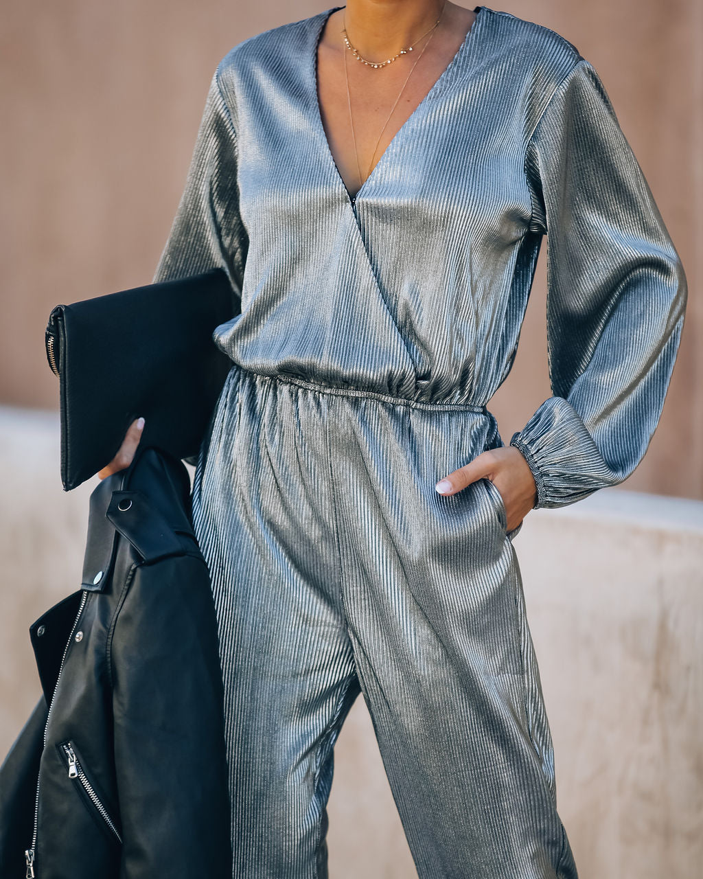 That's A Wrap Pocketed Plisse Jumpsuit - Silver - FINAL SALE AEOM-001