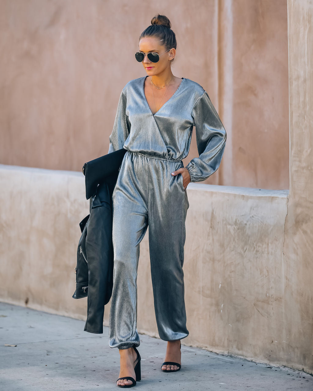 That's A Wrap Pocketed Plisse Jumpsuit - Silver - FINAL SALE AEOM-001