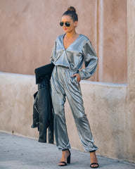 That's A Wrap Pocketed Plisse Jumpsuit - Silver - FINAL SALE AEOM-001