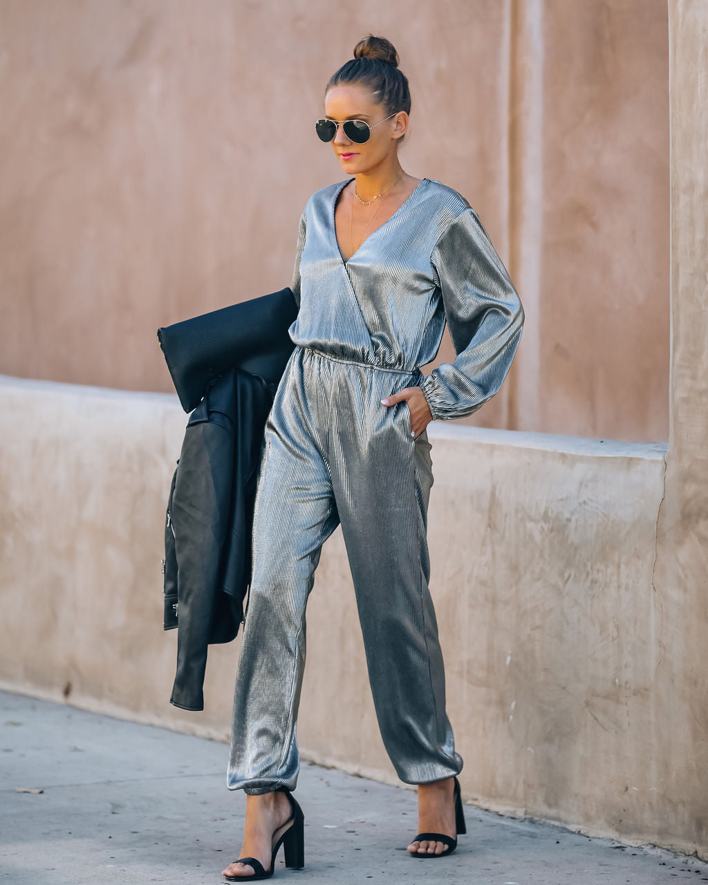 That's A Wrap Pocketed Plisse Jumpsuit - Silver - FINAL SALE AEOM-001