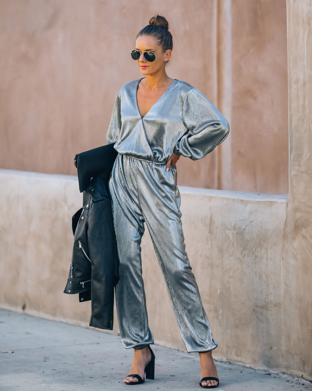 That's A Wrap Pocketed Plisse Jumpsuit - Silver - FINAL SALE AEOM-001