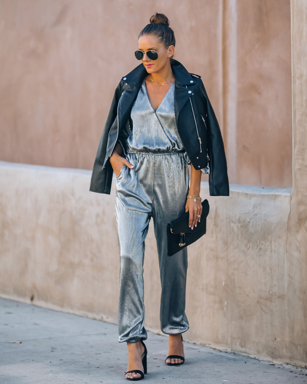 That's A Wrap Pocketed Plisse Jumpsuit - Silver - FINAL SALE AEOM-001