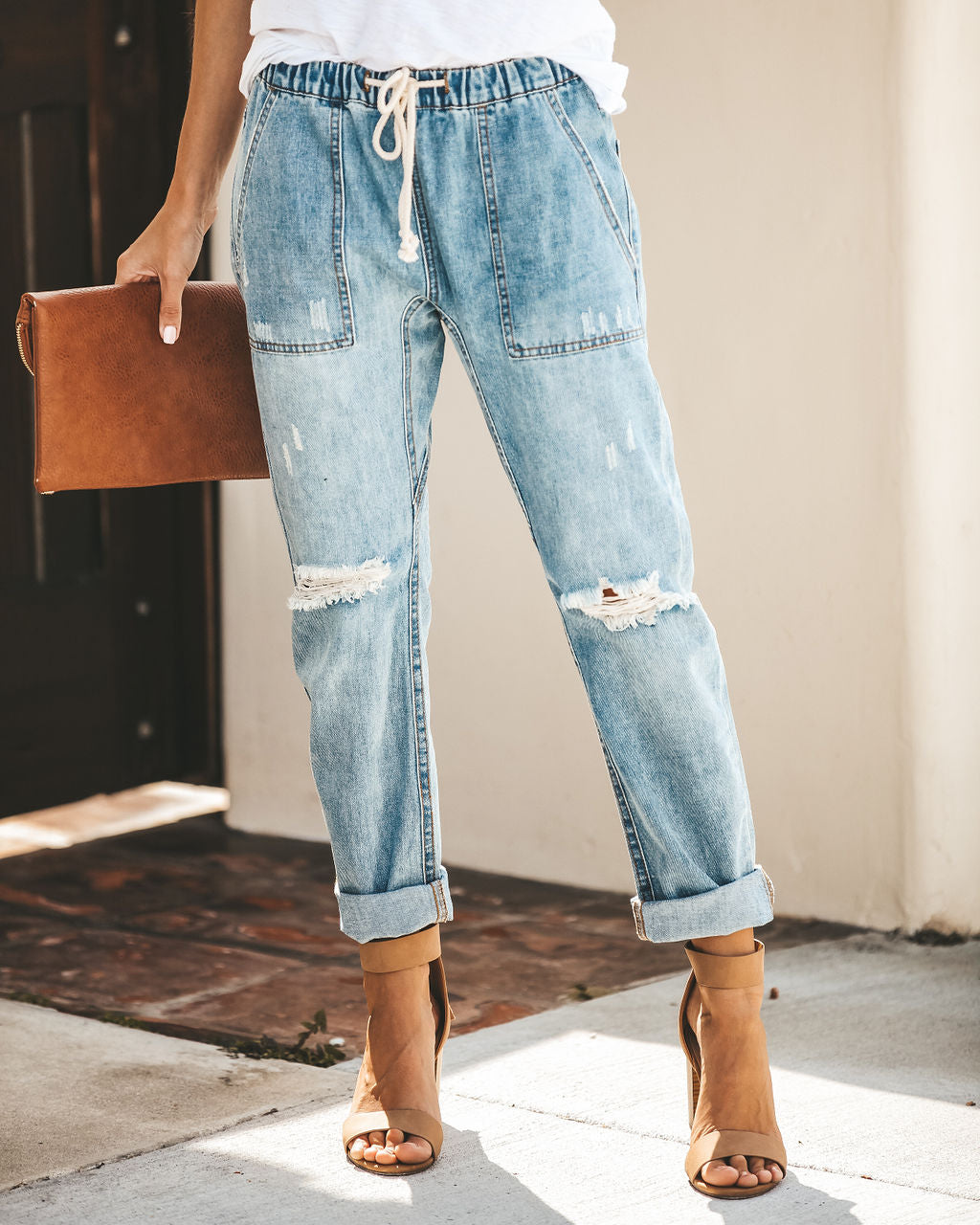 Gather 'Round Distressed Pocketed Denim Joggers Ins Street