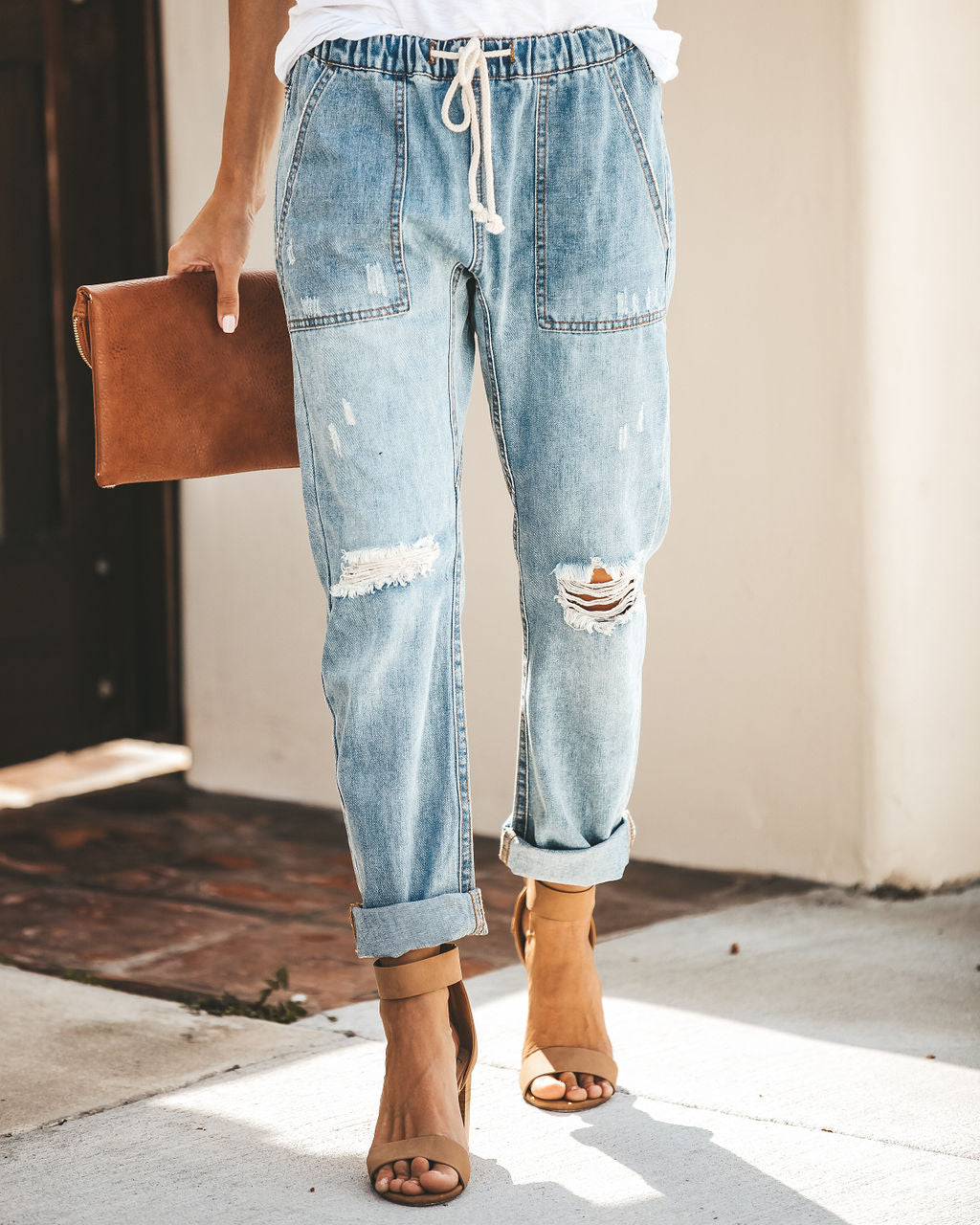 Gather 'Round Distressed Pocketed Denim Joggers Ins Street