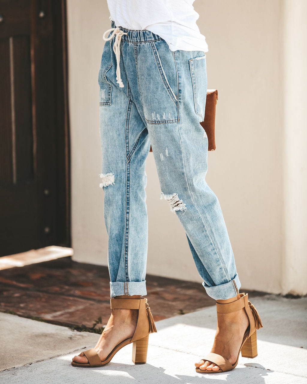 Gather 'Round Distressed Pocketed Denim Joggers – InsStreet