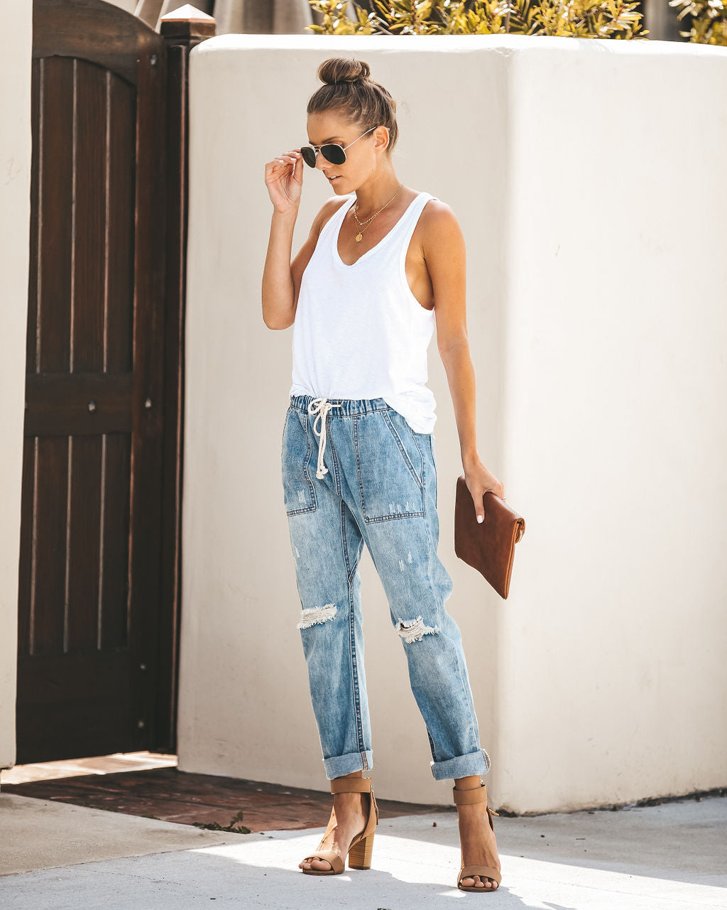 Gather 'Round Distressed Pocketed Denim Joggers Ins Street