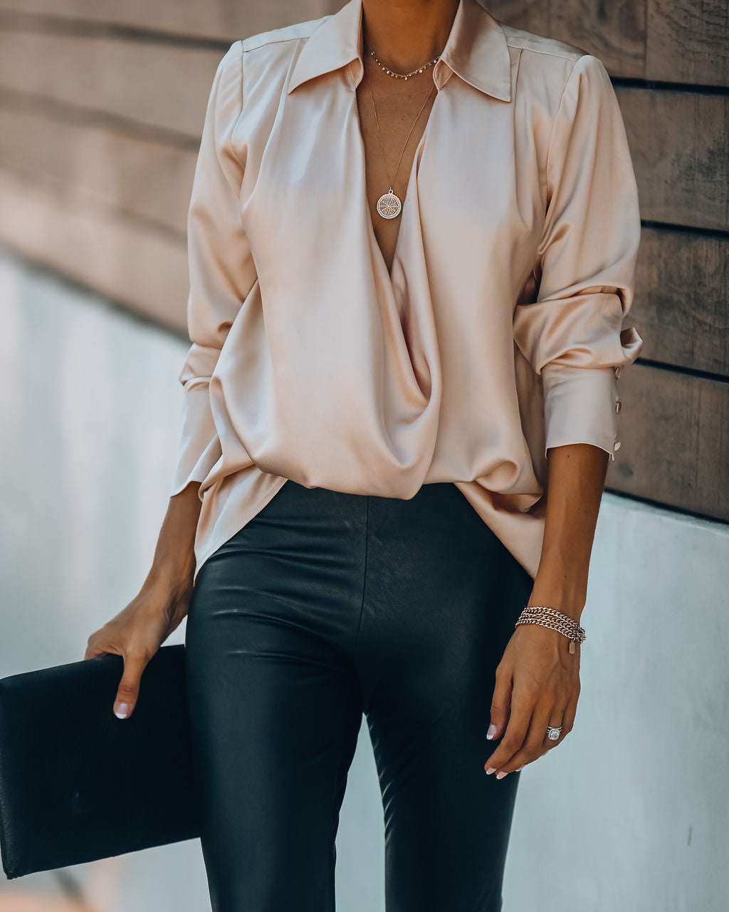 Problem Solved Satin Collared Drape Blouse - Nude Ins Street