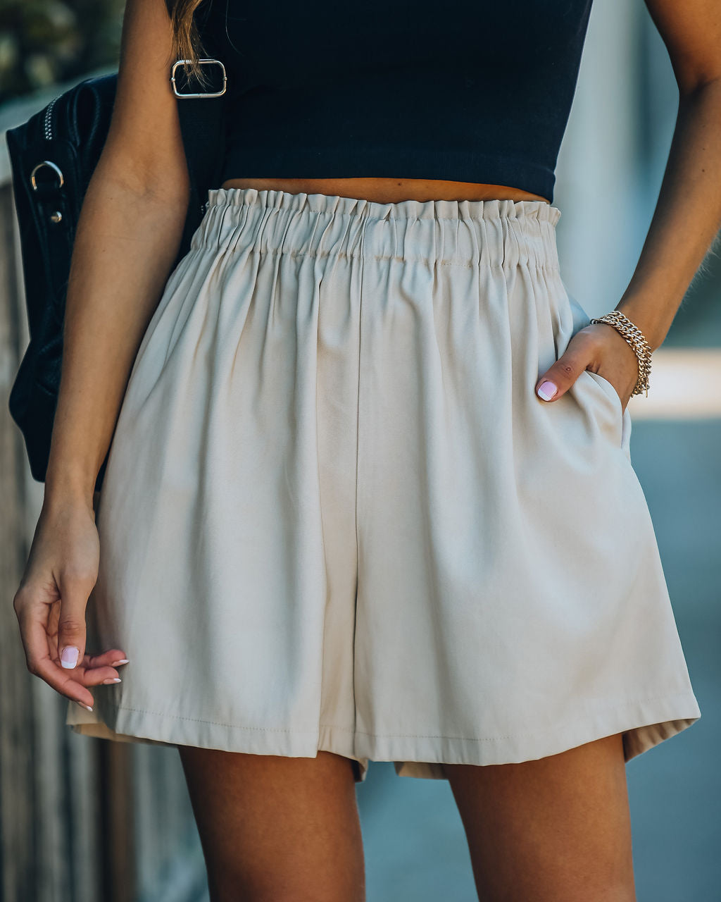 Feather Cotton Pocketed High Rise Shorts - Taupe Ins Street