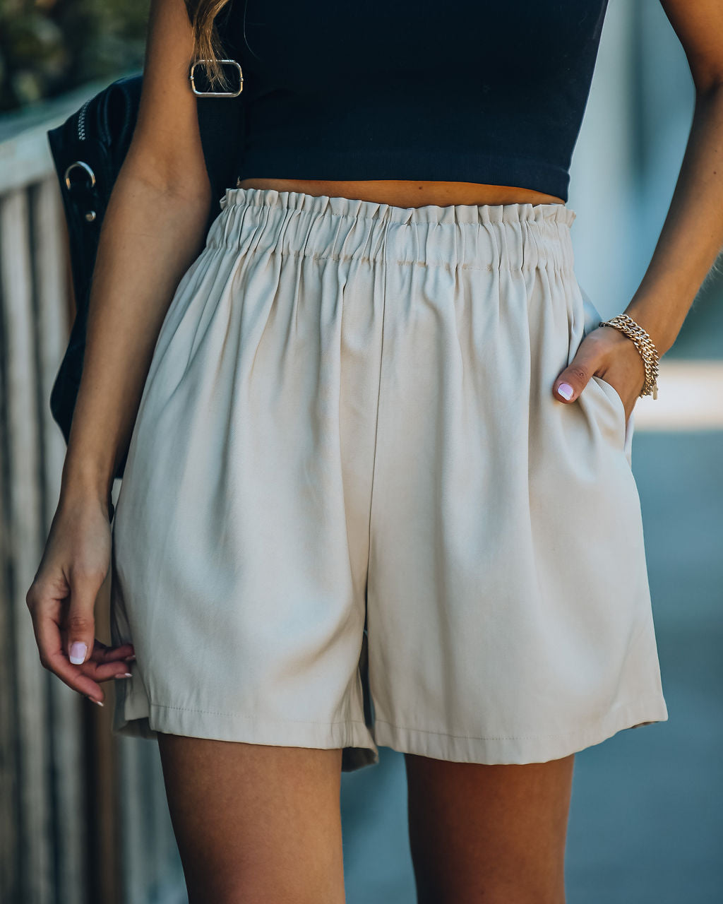 Feather Cotton Pocketed High Rise Shorts - Taupe Ins Street